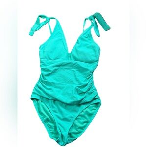 ELLEN TRACY seafoam bow accent V front tummy control one piece swimsuit size 12